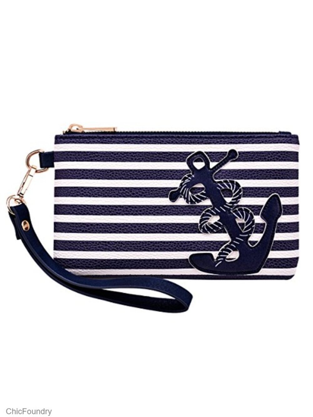 PU Nautical Anchor Wristlet Zip Coin Pouch Removable Strap Travel
